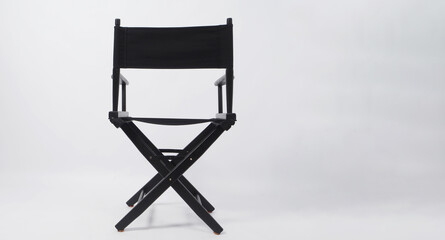 Back of black director chair use in video production or movie and cinema industry on white background.