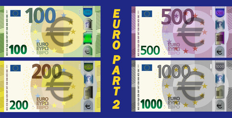 A fictional set of obverse of European Union paper money. Banknotes in denominations of 100, 200, 500 and 1000 euros. Part two - obrazy, fototapety, plakaty