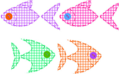 Set of cute handmade fishes with checkered texture and buttons