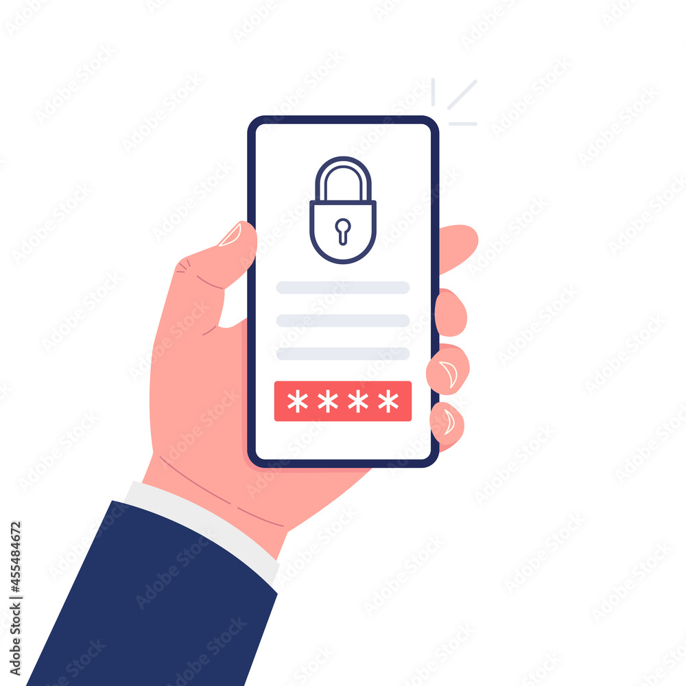 Poster hand holding smartphone with lock and button on the screen. mobile security concept. vector illustra