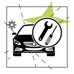 flat style of automotive symbol. Illustration of a sedan car combined with tools. White background.