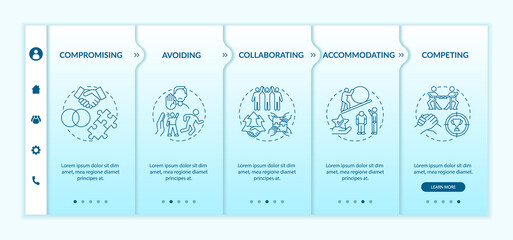 Conflict resolution strategies onboarding vector template. Responsive mobile website with icons. Web page walkthrough 5 step screens. Communication color concept with linear illustrations
