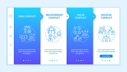 Fototapeta na wymiar Types of conflict onboarding vector template. Responsive mobile website with icons. Web page walkthrough 4 step screens. Communication problems color concept with linear illustrations