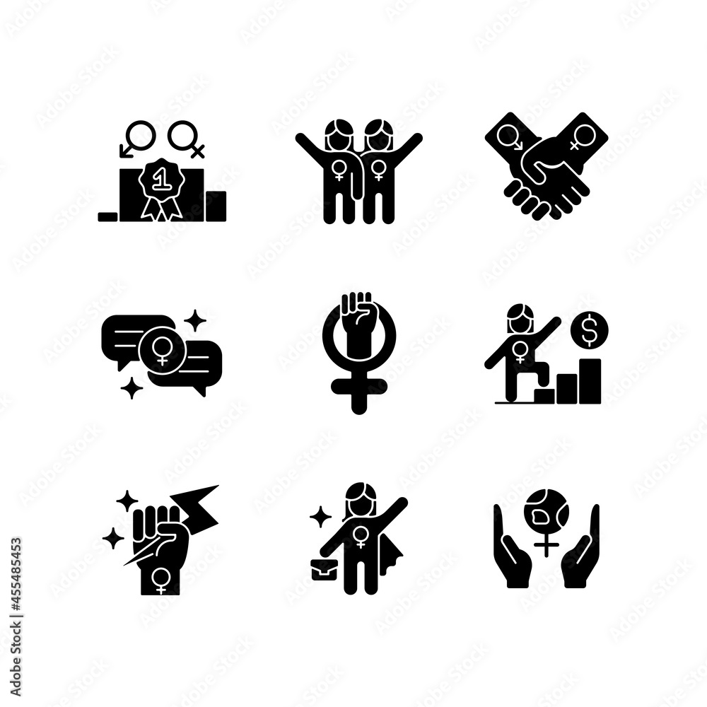 Sticker Feminist movement black glyph icons set on white space. Gender parity. Female friendship. Supportive sisterhood. Woman power. Career ladder. Silhouette symbols. Vector isolated illustration