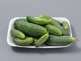 agricultural products green prickly cucumber on gray background