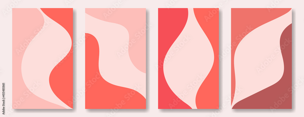 Poster set of flat abstract backgrounds in soft pink and red palette, flowing shapes. four vertical illustr