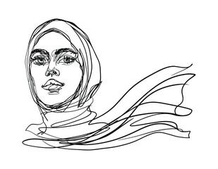 Hand drawn arabian woman in headscarf. Beautiful confident lady, fashion portrait, outline illustration. - 455486440