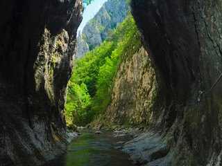A river flowing through a canyon narrowed by vertical stone walls and sharp cliffs. Ramet gorges, Carpathia, Romania.
