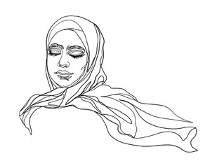 Hand drawn arabian woman with closed eyes. Beautiful fashion outline portrait. - 455486499