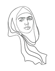 Sketching arabian woman in headscarf. Beautiful fashion portrait, hand drawn outline illustration.