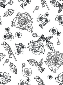flower floral line vector seamless pattern black and white