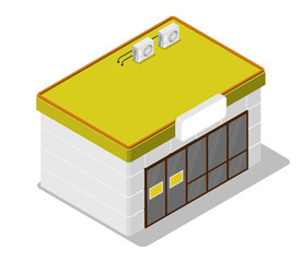 Isometric building of small grocery store. Shop at gas station. Realistic 3d vector isolated on white background