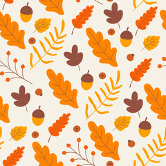 Autumn seamless pattern, fall leaf oak leaves with acorns texture vector illustration. Cartoon brown orange foliage, tree leaves branches nature plants background
