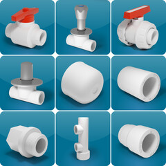 plastic and metal fittings, pipes and valves - plumbing parts and spare parts on a blue background