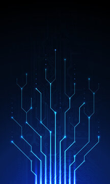 Abstract circuit board. Dark blue technology background, template, design element for web banner, poster. Computer technology. Science futuristic vector design, cyber innovation concept