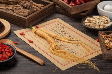 Ginseng and traditional Chinese medicine on the table..English Translation:Traditional Chinese...