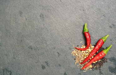 Spices and Chilli Peppers on Black Slate Tile