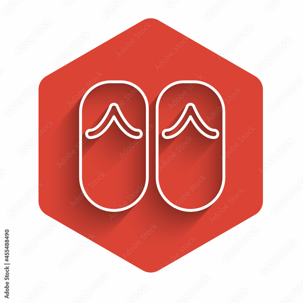 Poster white line flip flops icon isolated with long shadow. beach slippers sign. red hexagon button. vecto