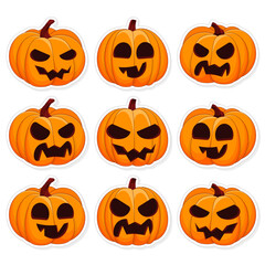 Happy Halloween set stickers on white background. Orange pumpkins with smile. Stickers, cliparts, tags, labels for design for the holiday Halloween. Vector illustration.