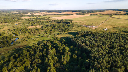 Village among green forest, peace and quiet. The harvest was removed. Countryside background.