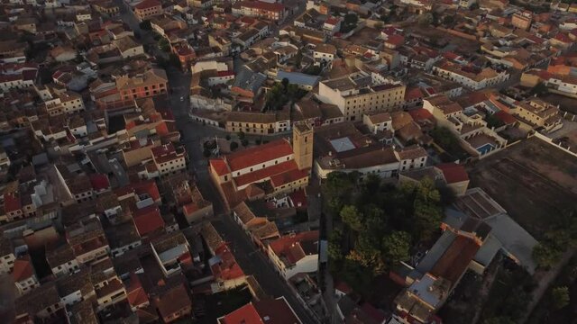 Aerial view of Casasimarro church at sunrise