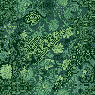 Traditional Chinese fabric patchwork wallpaper green abstract floral vector seamless pattern 