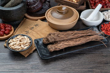 Ginseng and traditional Chinese medicine on the table