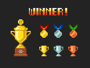 Fototapeta na wymiar Pixel art 8-bit trophy cups and medals on ribbon icons with winner text template for retro video game design. Cartoon golden, silver, bronze trophy cup. 1st 2nd 3rd winner place icons