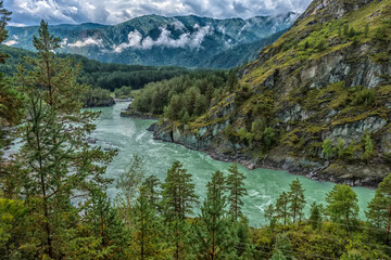 The Chuya and Katun Rivers merge in the mountains. Altai, Siberia, Russia.