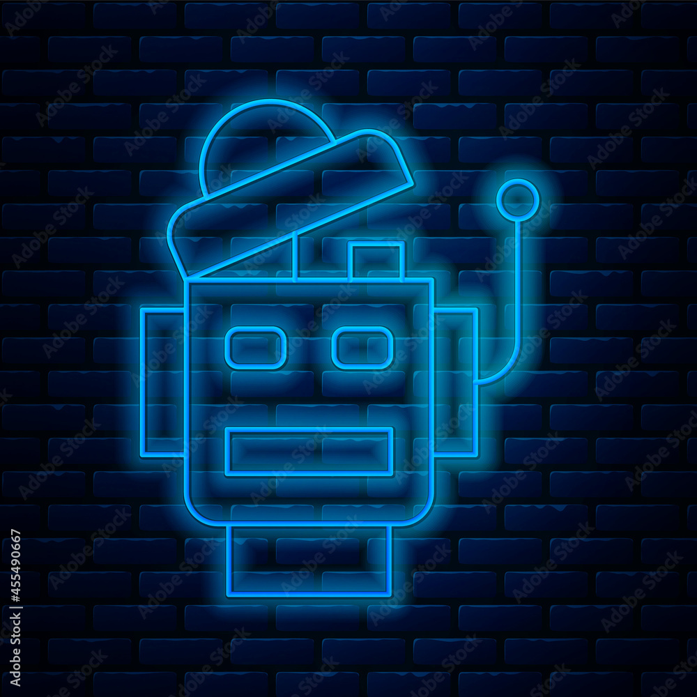 Aufkleber glowing neon line robot icon isolated on brick wall background. artificial intelligence, machine lea