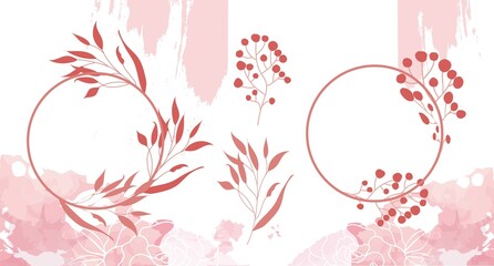 Wedding grass set. Wreaths of leaves and berry branches for invitation letter or postcard. Geometric template for adding text. Cartoon watercolor vector illustration isolated on white background