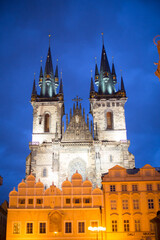 Fototapeta premium Child in Prague on Christmas, christmas lights and decoration