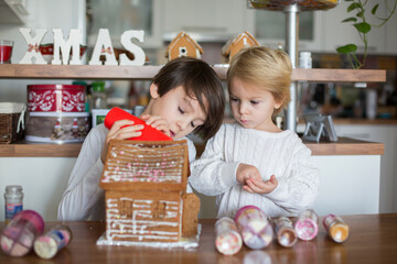 Children, boys, decorating home made ginger bread house at home
