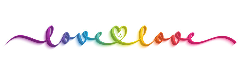 Obraz premium LOVE IS LOVE vector brush calligraphy banner in rainbow gradient on white background