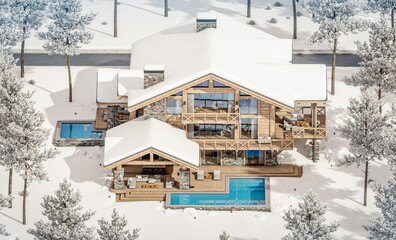 Fototapeta na wymiar 3d rendering of modern cozy chalet with pool and parking for sale or rent. Beautiful forest mountains on background. Massive timber beams columns. Cool winter day with shiny white snow.