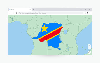 Browser window with map of DR Congo, searching  DR Congo in internet.