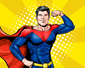 Pop Art super hero show his biceps to show off. Man power advertising poster. Strong smiling  sporty athletic toned fit man.  - obrazy, fototapety, plakaty
