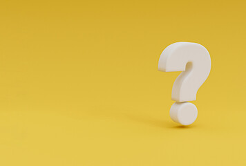 White questions mark illustration on yellow background and copy space for FAQ and question and...