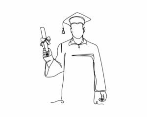 Continuous one line drawing of student with diploma after graduation in silhouette on a white background. Linear stylized.