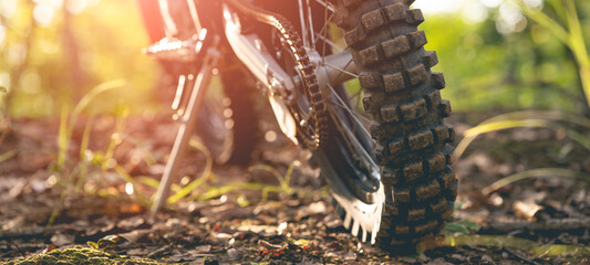 part of the wheel Off-road motorcycle parked in the forest. Warm light. Adventure concept....