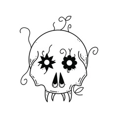 Abstract Black Simple Line Skull With Flowers Doodle Outline Element Vector Design Style Sketch Isolated On White Background Illustration Bones, Botanic, Skeleton