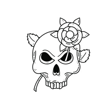 Abstract Black Simple Line Skull With Flowers Doodle Outline Element Vector Design Style Sketch Isolated On White Background Illustration Bones, Botanic, Skeleton