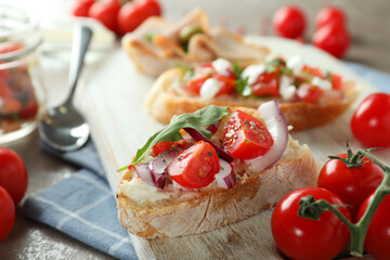 Concept of tasty food with bruschetta snacks