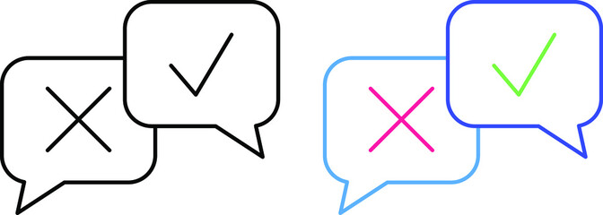 Survey reaction icon. Check and cross symbols. Speech bubble with decline, remove sign and approve, confirmed sign. Vector illustration.