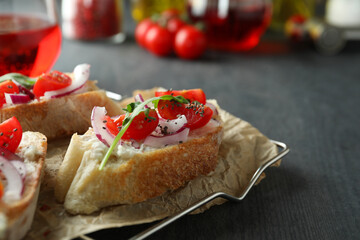 Concept of tasty food with bruschetta snacks
