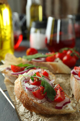 Concept of tasty food with bruschetta snacks