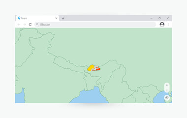 Browser window with map of Bhutan, searching  Bhutan in internet.