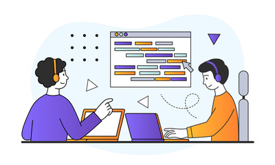 System Administrator concept. Engineers or programmers work on laptops and look for system failures. Interface development. Cartoon doodle flat vector illustration isolated on white background