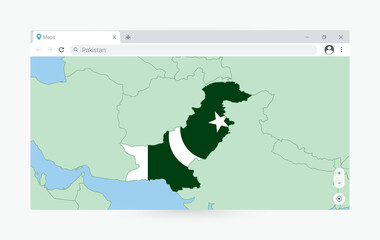 Browser window with map of Pakistan, searching  Pakistan in internet.