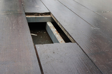 The cement board floor is broken into holes, which can be dangerous if you are not careful.